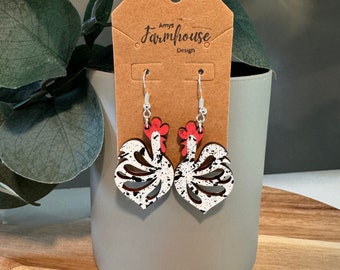 Wooden White and Black Chicken Earrings