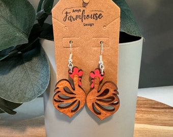 Wooden Redish Brownish Chicken Earrings