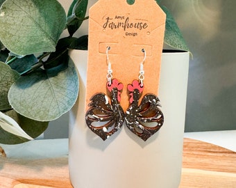 Wooden Black and White Chicken Earrings