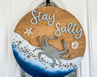 Stay Salty Coastal Round Wooden Door Hanger