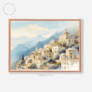 魅力的なイタリアの町の水彩画、イタリアの風景画のアートプリント、印刷可能な壁アート、デジタルダウンロード可能なアートプリント