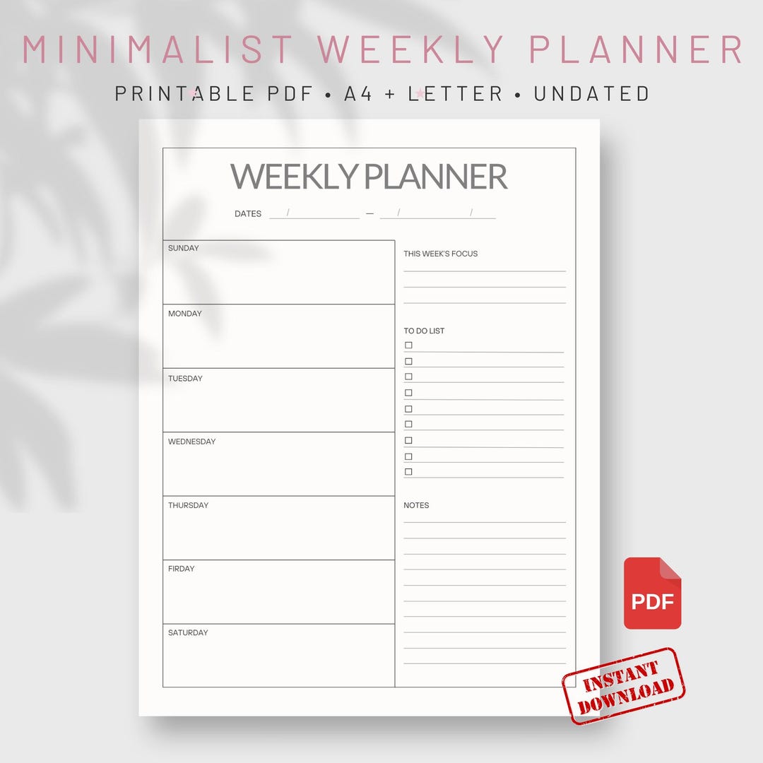Undated Weekly Planner Printable Portrait PDF | Weekly Schedule + Notes ...