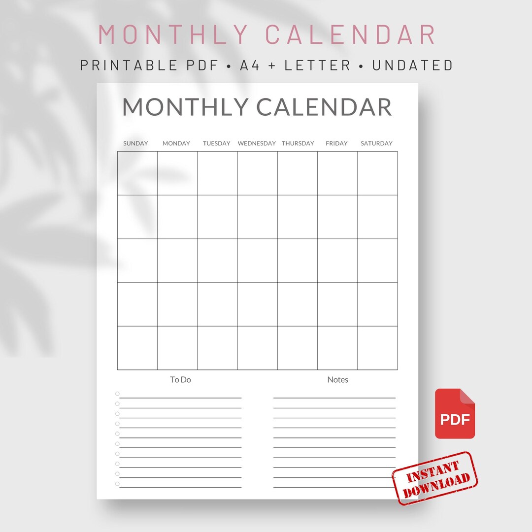 Undated Monthly Calendar Printable Portrait PDF | Monthly Planner ...