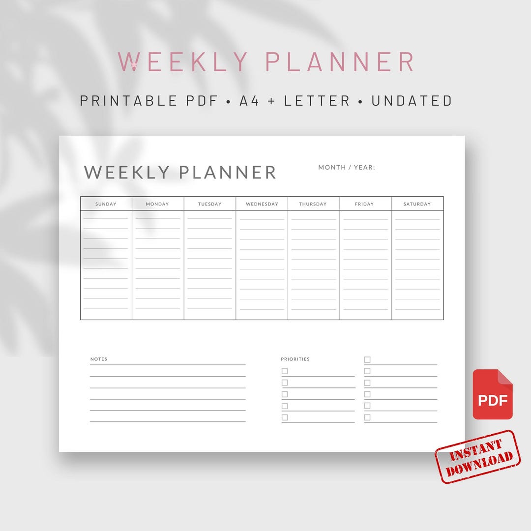 Undated Weekly Planner Printable Landscape PDF | Weekly Overview ...