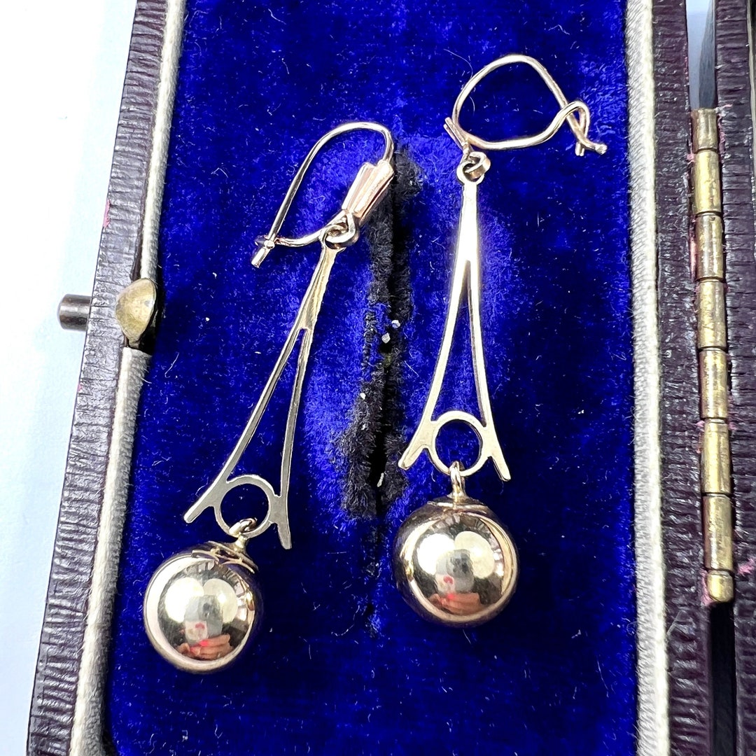 Vintage 9CT Gold Long Ball Drop Earrings Etsy