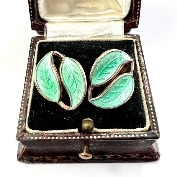 Vintage David Andersen Green Leaf Enamel Silver Ear Clips