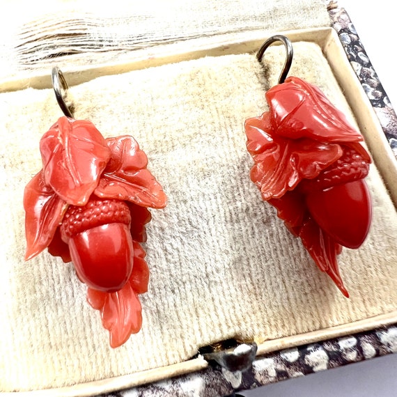 Victorian Coral Celluloid Acorn Earrings - image 7