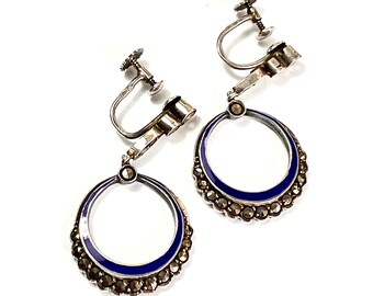 Vintage Art Deco Blue Enamel Marcasite Earrings