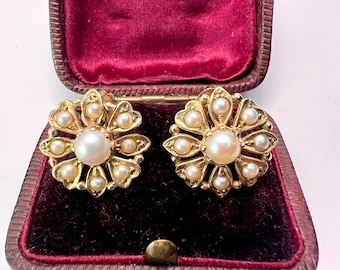 Viktorianska örhängen med 9 karat guldpärla och blomkluster