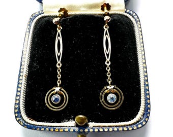 Antique Gold Drop Screwback Earrings with Blue Stones