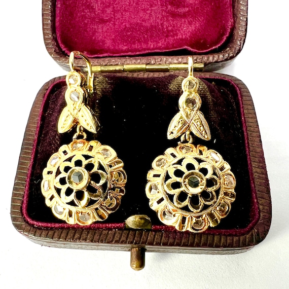 Vintage Solid 18CT Gold Rose Cut Paste Earrings - image 2