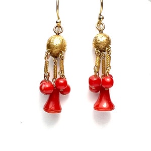 Antique Victorian Coral Bell 15CT Gold Earrings