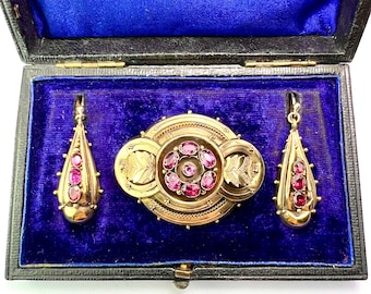 Boxed Victorian Amethyst Etruscan Revival Demi Parure Earrings and Brooch
