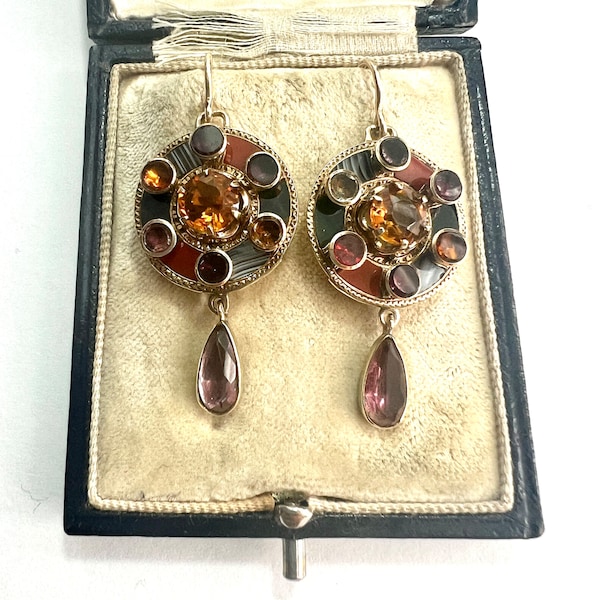 Rare Victorian 9CT Gold Scottish Agate Gemstone Pendant Earrings