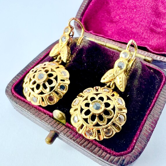 Vintage Solid 18CT Gold Rose Cut Paste Earrings - image 3