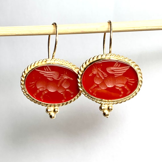 Vintage Winged Horse Carnelian Intaglio 14CT Gold… - image 2