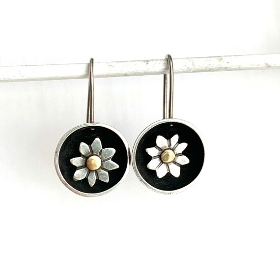 Vintage Sterling Silver and Gold Daisy Dome Earrings Gem