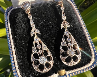 Antique Gold and Silver Diamond Teardrop Earrings