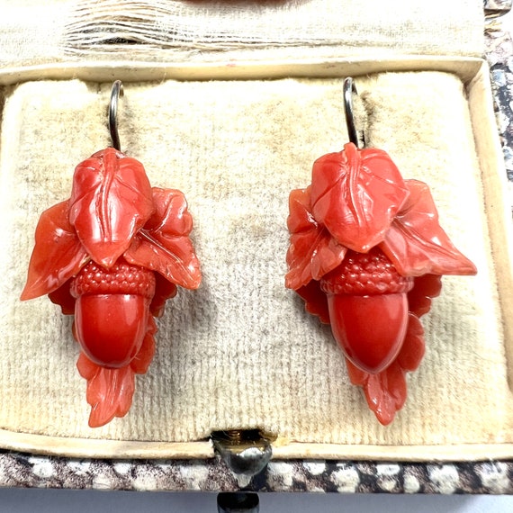 Victorian Coral Celluloid Acorn Earrings - image 2