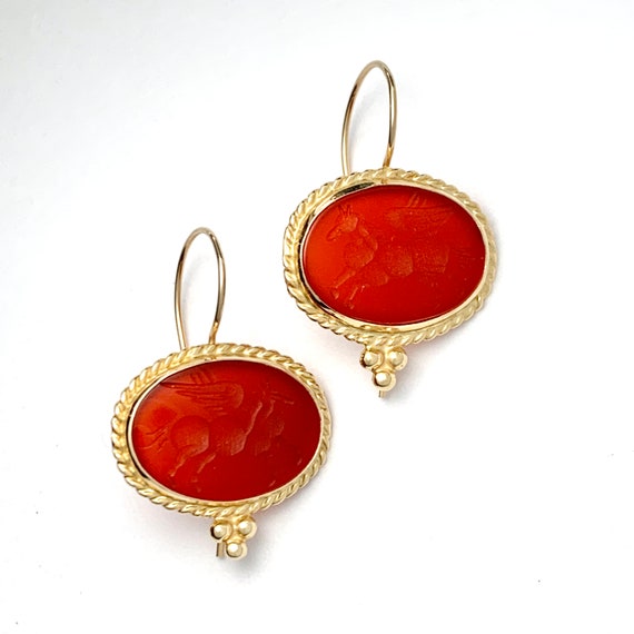 Vintage Winged Horse Carnelian Intaglio 14CT Gold… - image 3