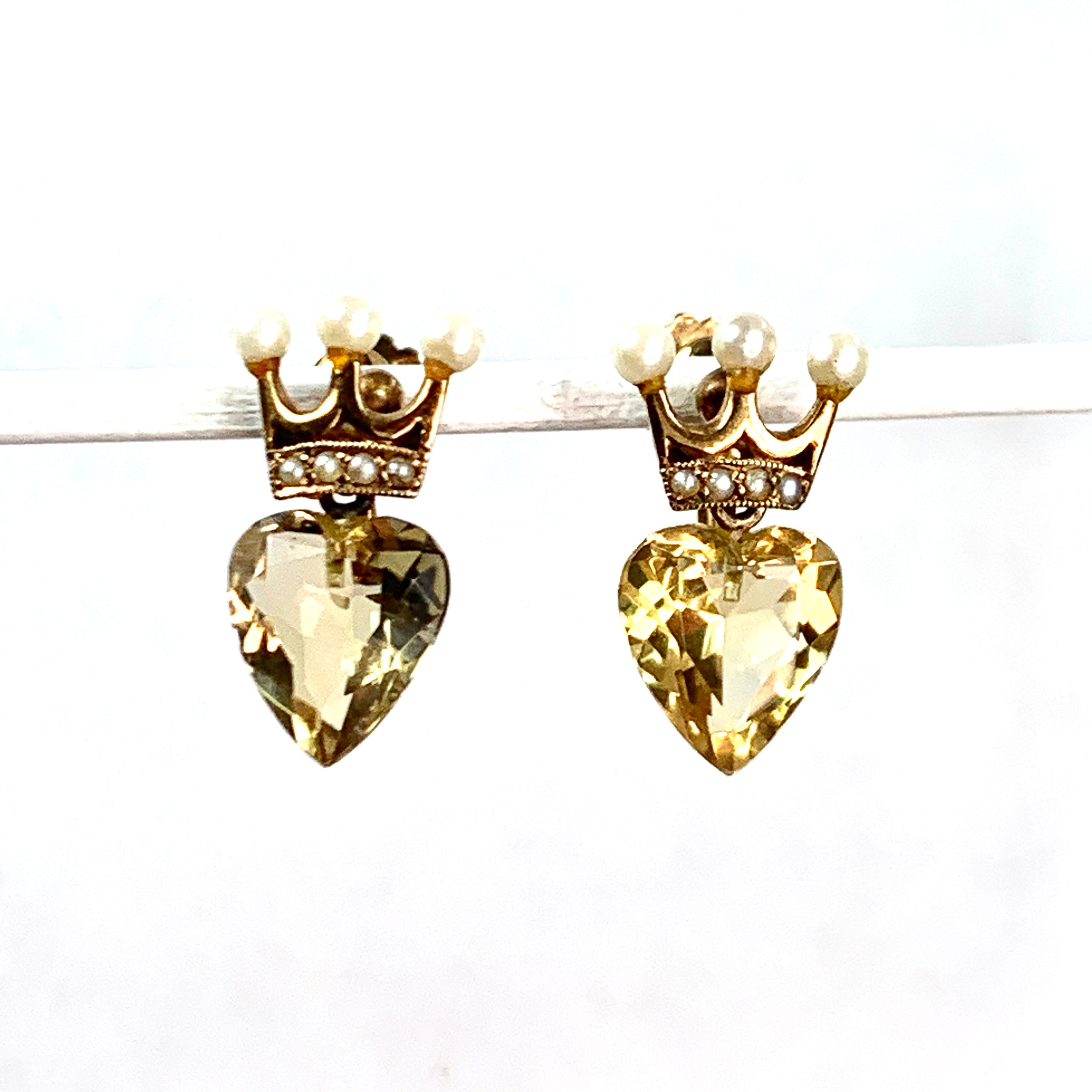 Victorian 9CT Gold Crowned Heart Chrysoberyl and Pearl Luckenbooth Earrings