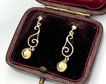 Vintage 9CT Gold Scroll and Ball Drop Earrings