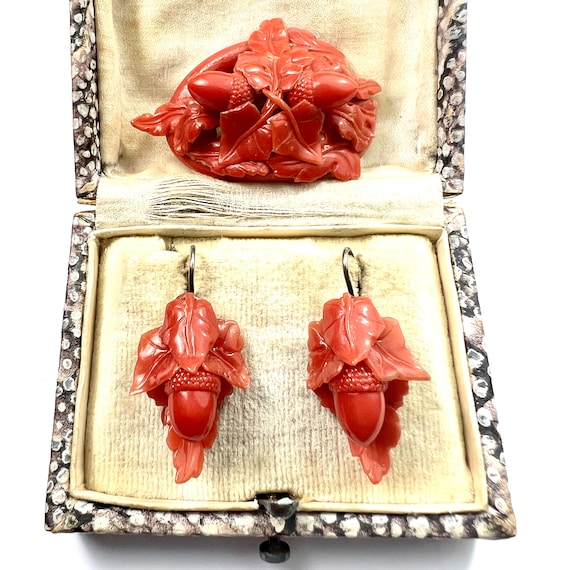 Victorian Coral Celluloid Acorn Earrings - image 1