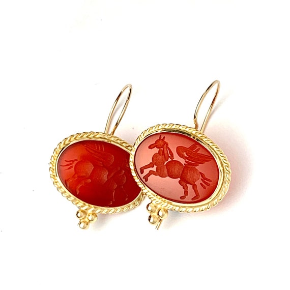 Vintage Winged Horse Carnelian Intaglio 14CT Gold… - image 1