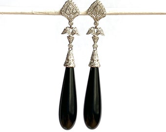 Vintage 18K witgouden diamanten en onyx traanoorbellen