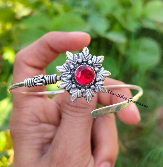 Natural Red Garnet Cuff Bracelet: Handmade Sterling Silver Multi