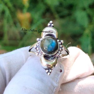 Natural Labradorite Ring Handmade Ring 925 Sterling Silver Ring Multi Gemstone Ring Labradorite Silver Ring Moon Shape Ring Birthday Gifts