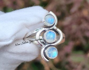 Natural Blue Fire Moonstone Ring: Handmade 925 Sterling Silver, Three Stone ring