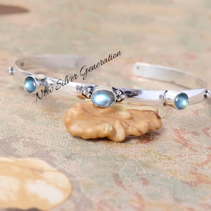 Natural Labradorite Bangle Cuff: Three Stone Handmade 925 Sterling Silver Multi Gemstone Bracelet