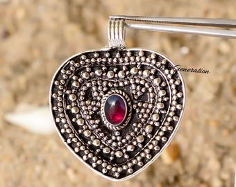 Handmade Sterling Silver Heart Pendant: Natural Garnet Necklace