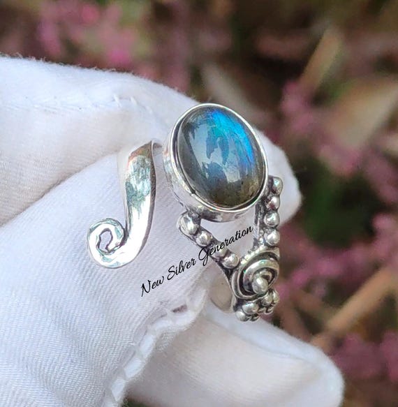 Bague En Argent Sterling 925 Avec Labradorite Et Grenat - Pierres Naturelles, Taille Ovale, Fait Main En Inde