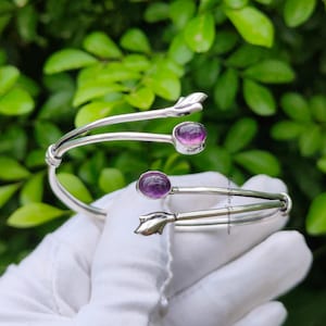 Handmade Amethyst & Sterling Silver Bangle: Adjustable Two-Stone Bracelet