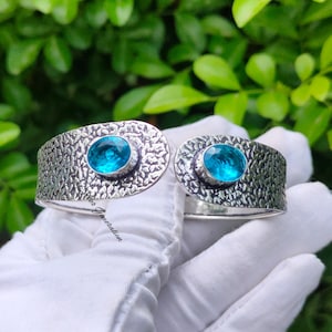 London Blue Topaz Bracelet, 925 Sterling Silver Bangle, Natural Blue Topaz Bangle, Blue Topaz Bracelet, Double Stone Bracelet, Handmade Cuff