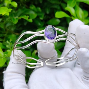 Natural Purple Amethyst Bangle Cuff/925 Sterling Silver Bangle/Amethyst Bangle/Unique Bracelet/Amethyst Bracelet Cuff/Adjustable Bangle Cuff