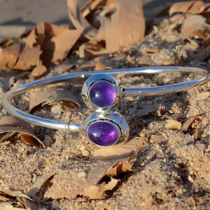 Handmade Amethyst & Sterling Silver Bangle: Adjustable Open Cuff