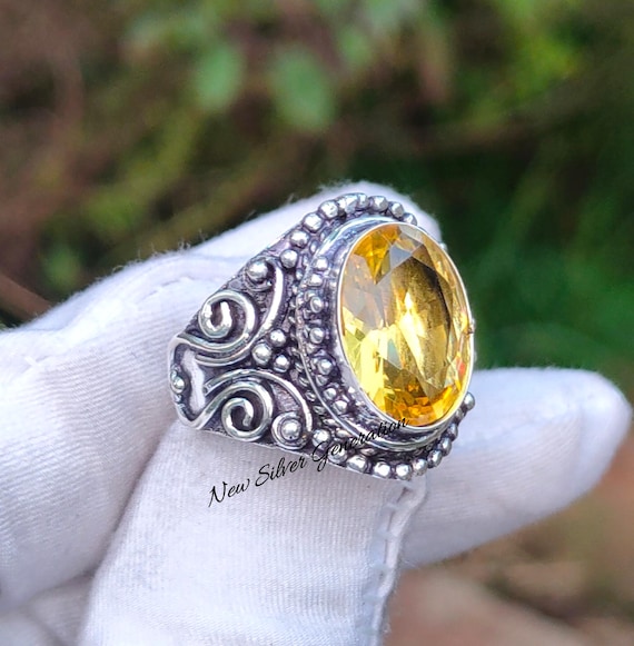 Handmade Natural Citrine Ring, 925 Sterling Silver, Big Stone Ring
