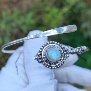 Blue Fire Moonstone Bangle Bracelet, Handmade Bangle, Natural Moonstone Bracelet, 925 Sterling Silver Bangle, Unique Bracelet, Gift For Her