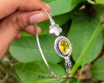 Handmade Natural Citrine 925 Sterling Silver Bangle Bracelet