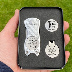 Personalised Golf Gift Box Set, Markers & Pitch Repair Tool - Golfers Christmas Present