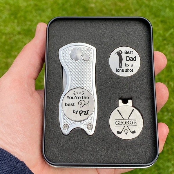 Personalised Golf Gift Box Set, Markers & Pitch Repair Tool - Golfers Christmas Present