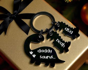 Personalied Daddy Saurus Dinosaur Keychain | Custom Stainless Steel Keyring with Names