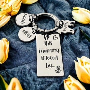This Mummy is loved by... Rectangle Polished Personalised Keychain, Christmas Stocking Filler or Mothers Day Gift.