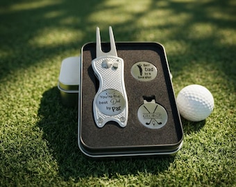 Personalised Golf Gift Box Set, Stainless Steel Markers And Magnetic Pitch Repair Tool