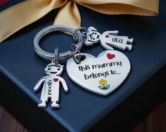 Personalised Keyring for Mum | Stainless Steel Keychain with Child Charms | Enamelled Dipped