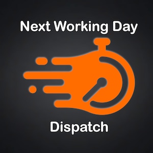 May include: Orange and white graphic of a stopwatch with a stylized flame design. The text "Next Working Day Dispatch" is above the graphic.