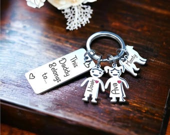 Personalised Keyring Family Stainless Steel with Engraved Child Charms